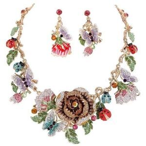 Yellow Gold Austrian Crystal Ladybug Butterfly and Flower Necklace Earrings Set